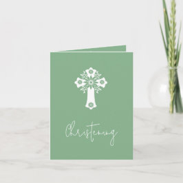 Convite Floral Cross Christening Sage Green