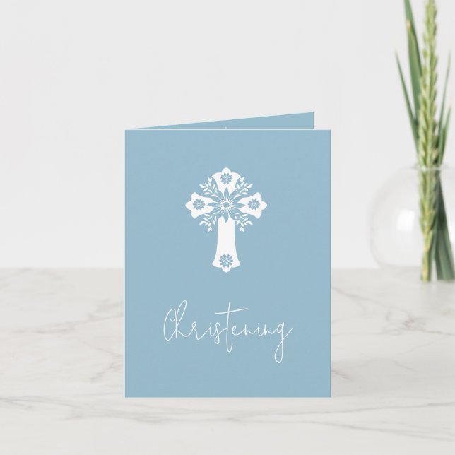 Convite Floral Cross Christening Sky Blue (Frente)