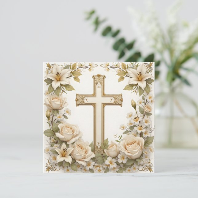 Convite Floral Cross Christian (Em pé/Frente)