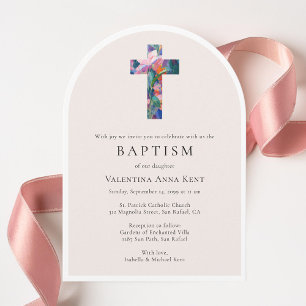 Convite Floral Cross Modern Católico Fotografia Personaliz