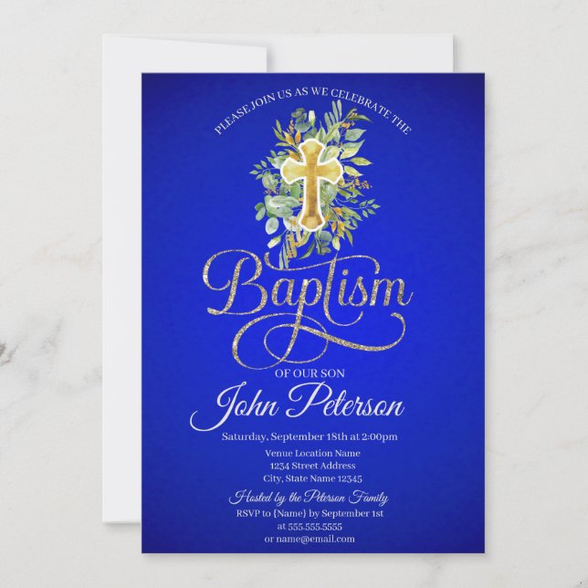 Convite Floral Cross Royal Blue Baptism (Frente)