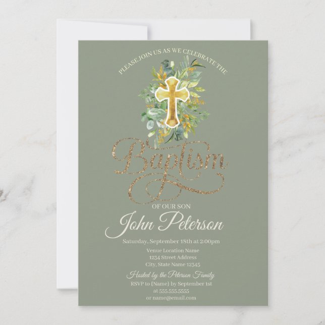 Convite  Floral Cross Sage Green Baptism (Frente)