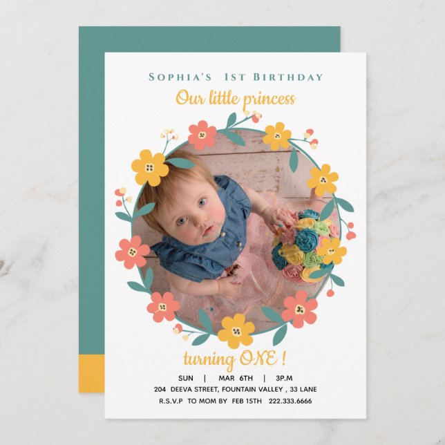 Convite Floral  Custom Photo 1st Birthday (Frente/Verso)