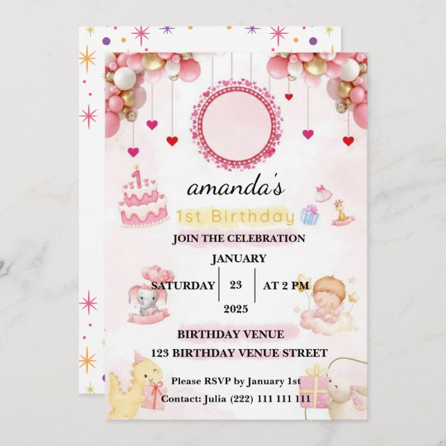 Convite Floral  – Cute Pastel Baby 1st Birthday Party (Frente/Verso)