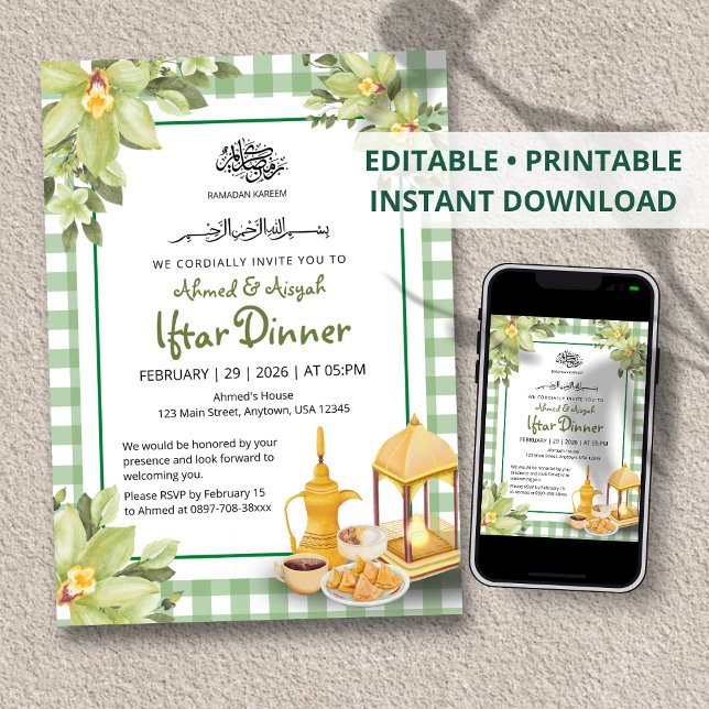 Convite Floral Cute Sage Green Gingham Ramadan Iftar (Criador carregado)