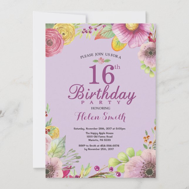 Convite Floral de 16 Anos para Mulheres Roxo (Frente)