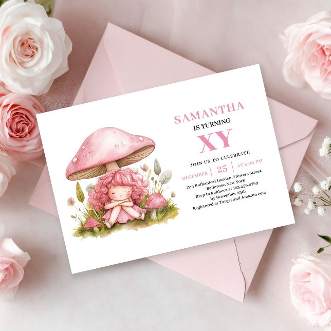 Convite Floral de 3º Aniversário da Menina Fada Má (Magical Pink Fairy Girl 3rd Birthday Floral invitation)
