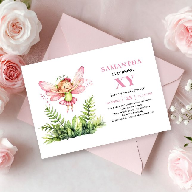 Convite Floral de 5º Aniversário da Fada Rosa Fofa (Cute Pink Fairy Girl 5th Birthday Floral invitation)