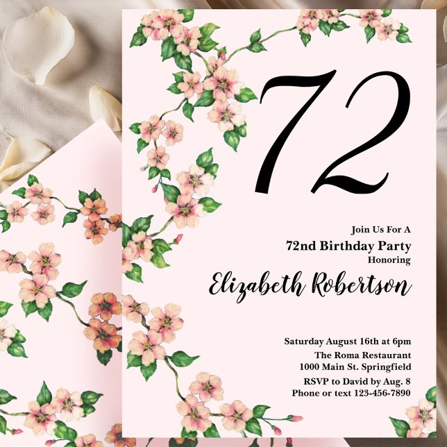 Convite Floral de 72º Aniversário em Rosa Bege (Criador carregado)