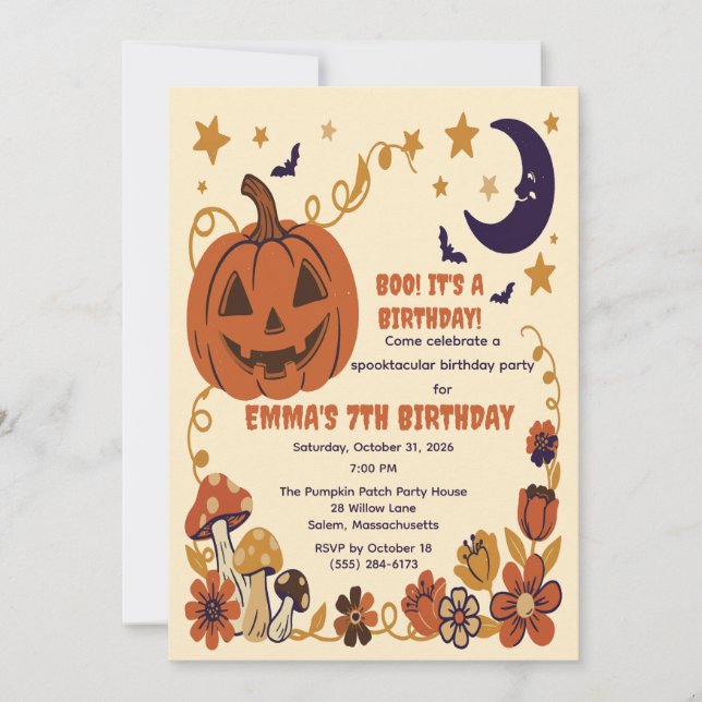 Convite Floral de Abóbora de Halloween Lua (Frente)