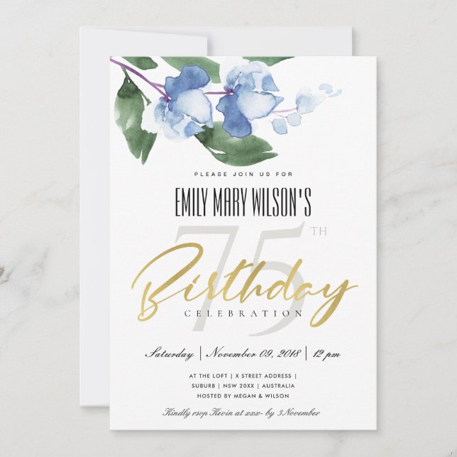 CONVITE FLORAL DE ÁGUA DE LAVAGEM AZUL FLORAL QUALQUER ANI (Frente)