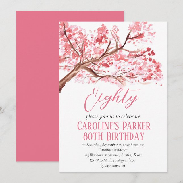 Convite Floral de Aniversário com 80 de Flor Rosa-Rosa (Frente/Verso)