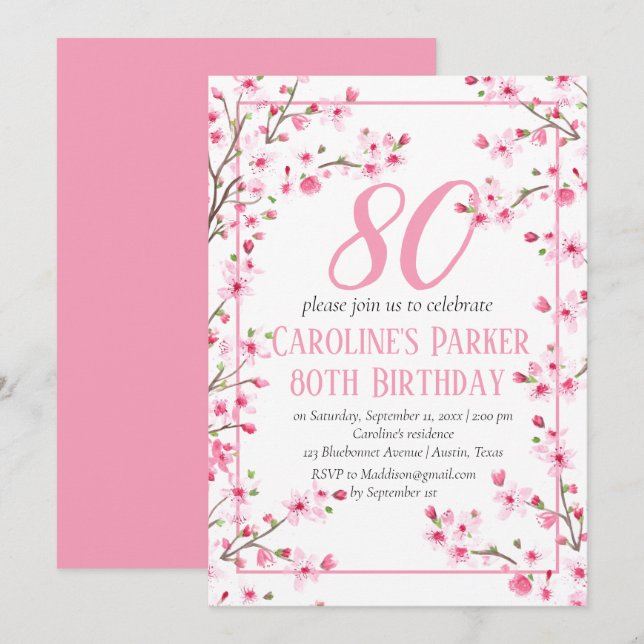 Convite Floral de Aniversário com 80 de Flor Rosa-Rosa (Frente/Verso)