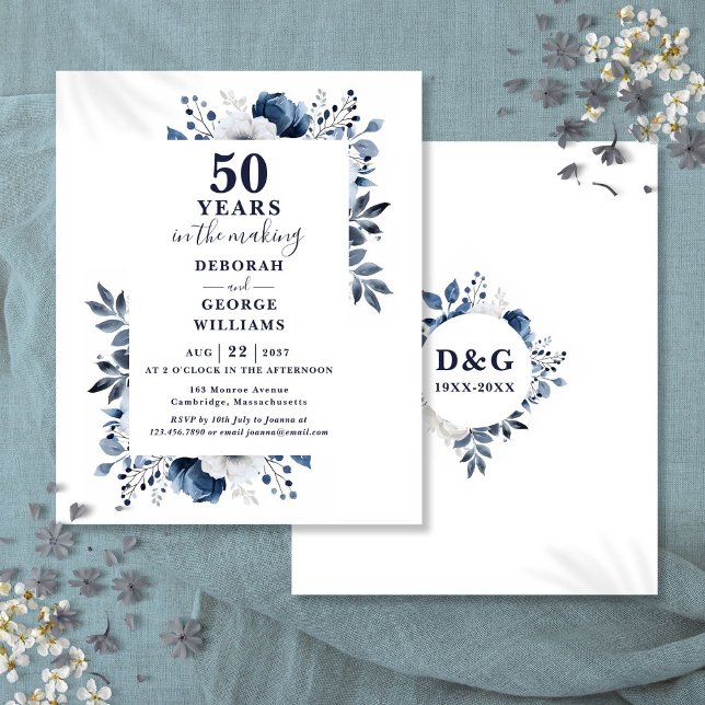 Convite Floral de Aniversário de 50 Anos de Casame (Budget Navy 50th Wedding Anniversary Floral Invite)