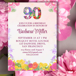 Convite Floral de Aniversário de 90 anos Elegante