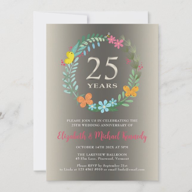Convite Floral de Aniversário de Casamento de 25 S (Frente)