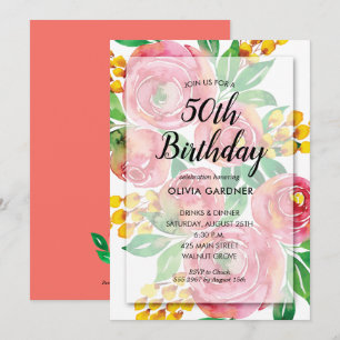Convite Floral de Aniversário de Cor de Água Ros