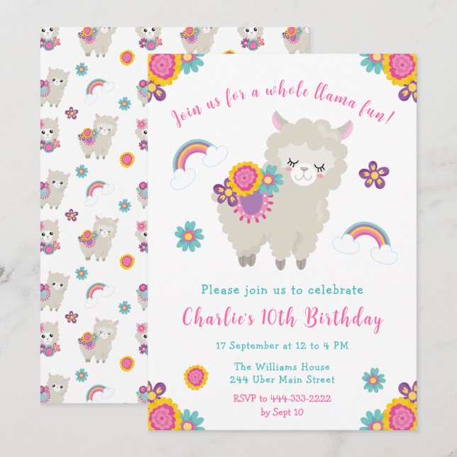 Convite Floral de Aniversário de Cute Llama (Frente/Verso)