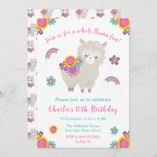 Convite Floral de Aniversário de Cute Llama