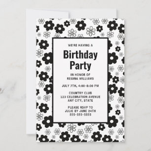 Convite Floral de Aniversário Retro Branco e Preto