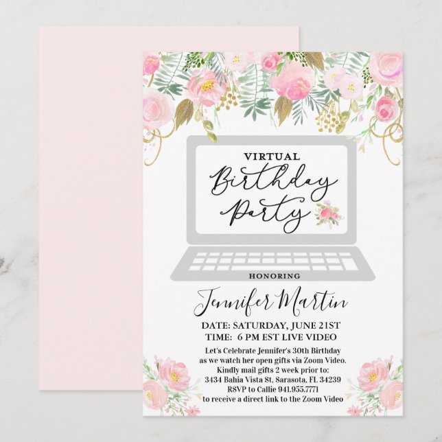 Convite Floral de Aniversário Virtual para Qualque (Frente/Verso)