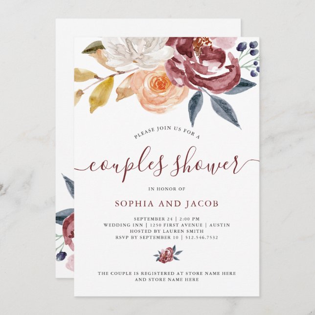 Convite Floral de Aquarela| Chá Casal (Frente/Verso)