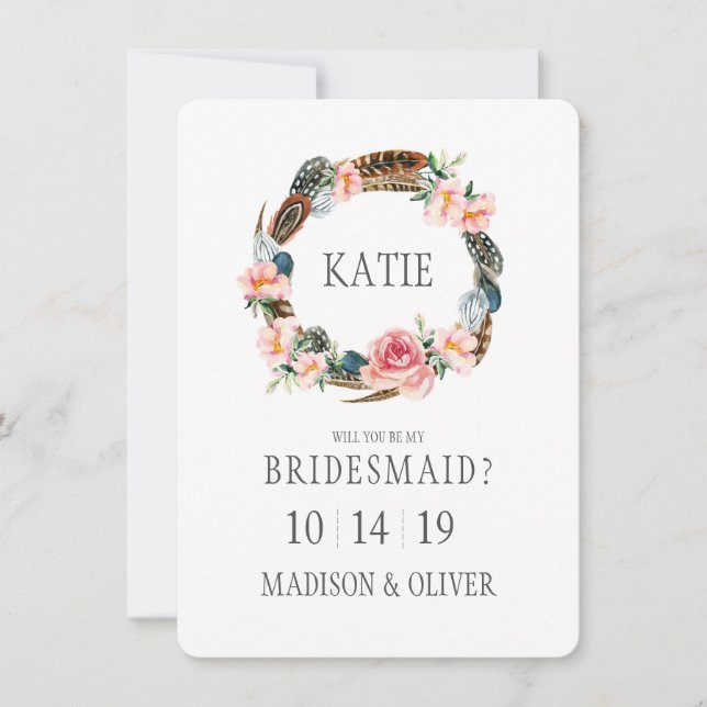 Convite Floral de Aquarela com Penas | Bridesman (Frente)