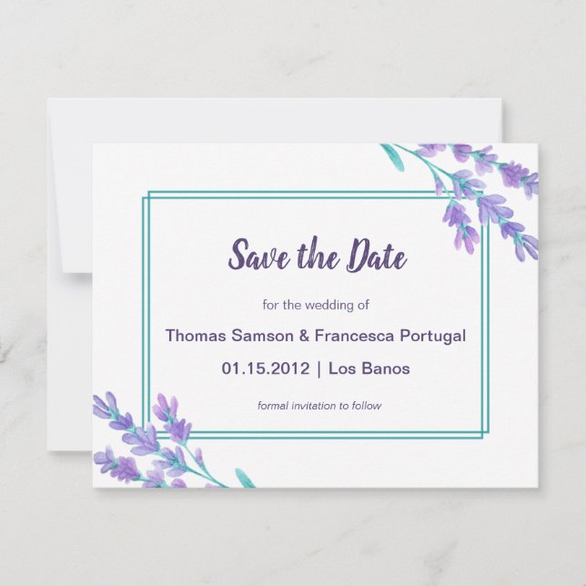 Convite Floral de Aquarela da lavanda Salve a placa de dat (Frente)