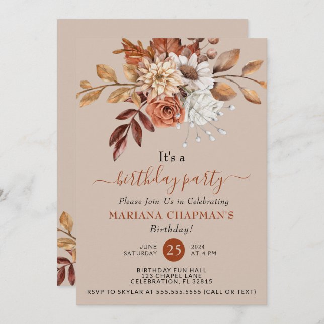 Convite Floral de Aquarela de Queda Elegante no Partido Ta (Frente/Verso)