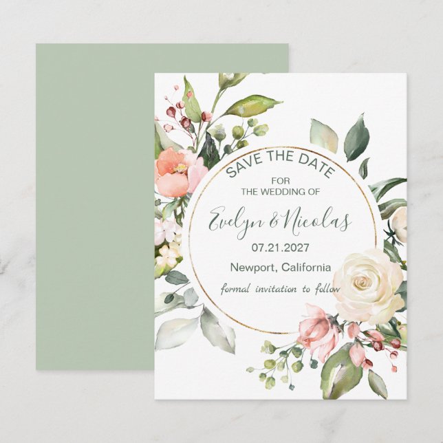 Convite Floral de aquarela, folhagem Salvar Data (Frente/Verso)
