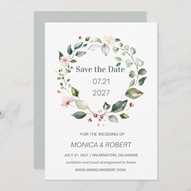 Convite Floral de aquarela, folhagem verde Salvar a Data (Frente/Verso)