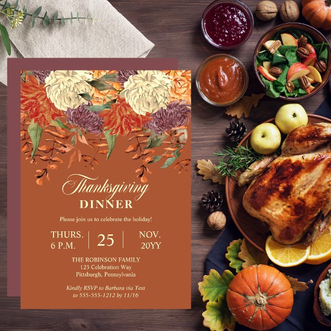 Convite Floral de Aquarela | Janto Eucalyptus de Ação de G (Watercolor Floral Eucalyptus Terracotta Thanksgiving Dinner Invitation with  Dusky Mauve Back)