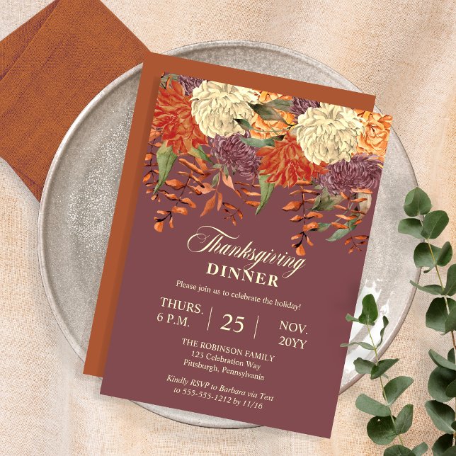 Convite Floral de Aquarela | Janto Eucalyptus de Ação de G (Watercolor Floral Eucalyptus Dusky Mauve Thanksgiving Dinner Invitation with Terracotta Back)