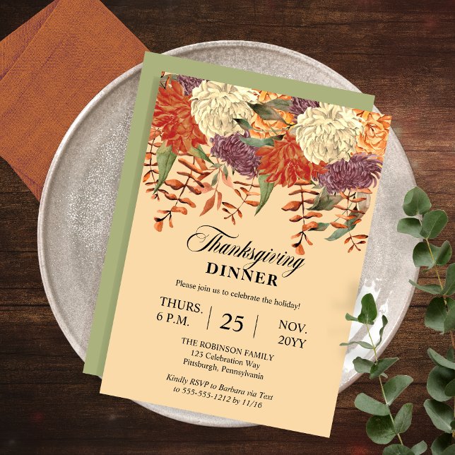 Convite Floral de Aquarela | Janto Eucalyptus de Ação de G (Watercolor Floral Eucalyptus Thanksgiving Dinner Invitation with  Light Sage Green Back)