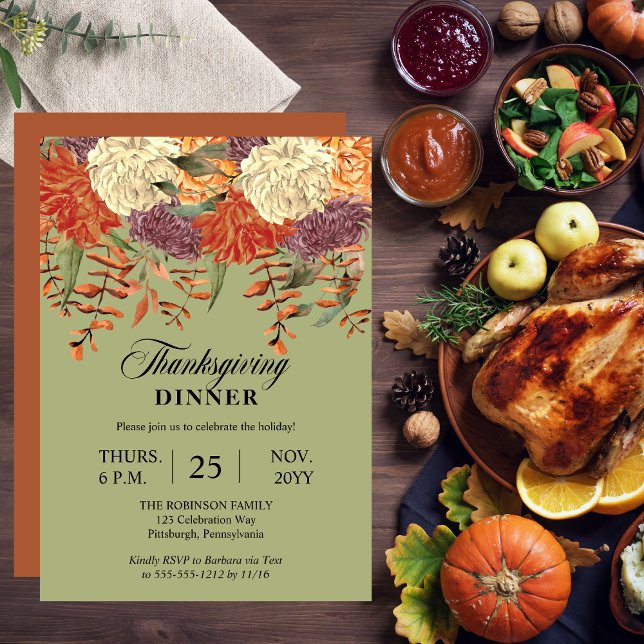 Convite Floral de Aquarela | Janto Eucalyptus de Ação de G (Watercolor Floral Eucalyptus Light Sage Green Thanksgiving Dinner Invitation with  Terracotta Back)