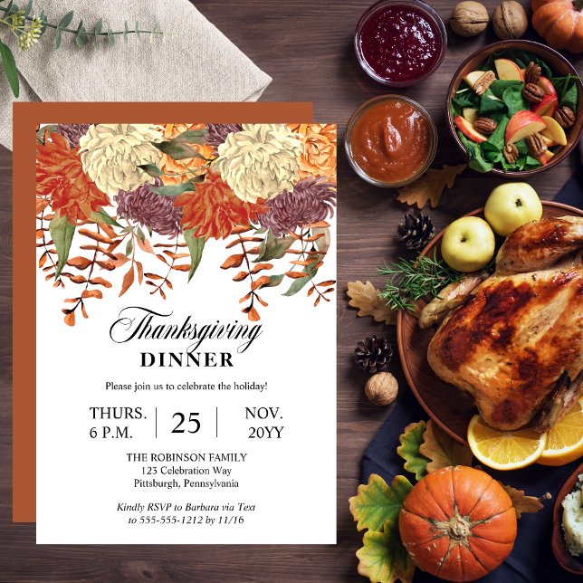 Convite Floral de Aquarela | Janto Eucalyptus de Ação de G (Watercolor Floral Eucalyptus Thanksgiving Dinner Invitation with Terracotta Back)