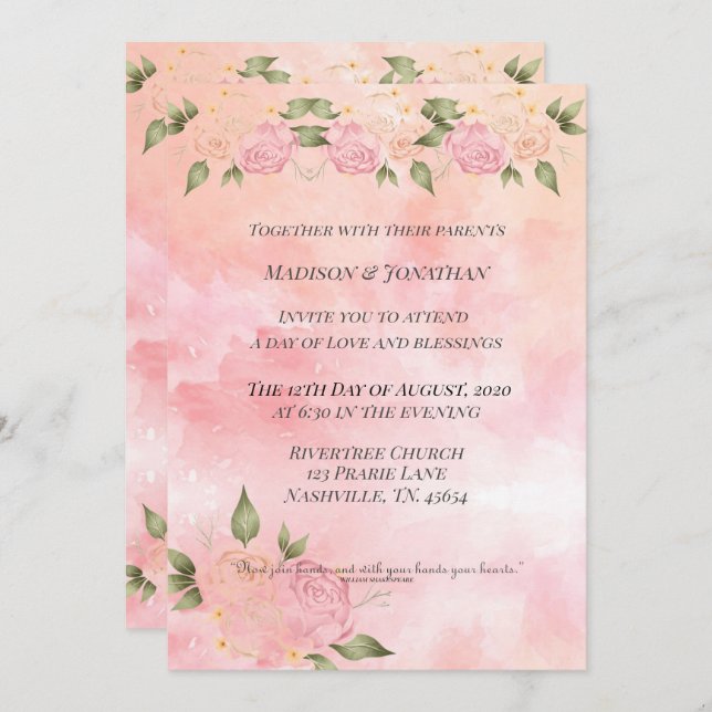 Convite Floral de Aquarela Rosa-Rosa (Frente/Verso)