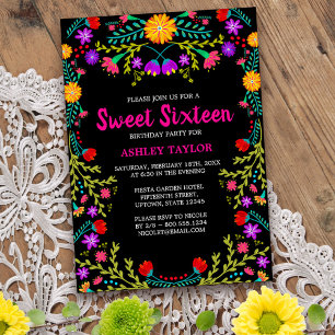 Convite Floral de Arte Folk de 16 Pretos Mexicanos Fiesta