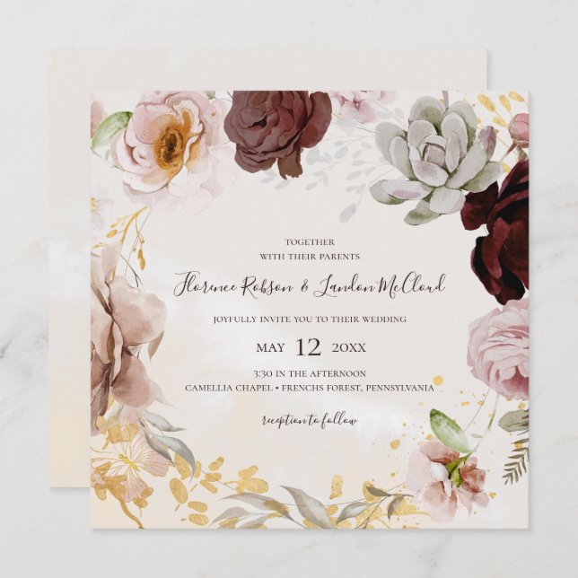 Convite Floral de Blush Moderno | Casamento De Marble Squa (Frente/Verso)