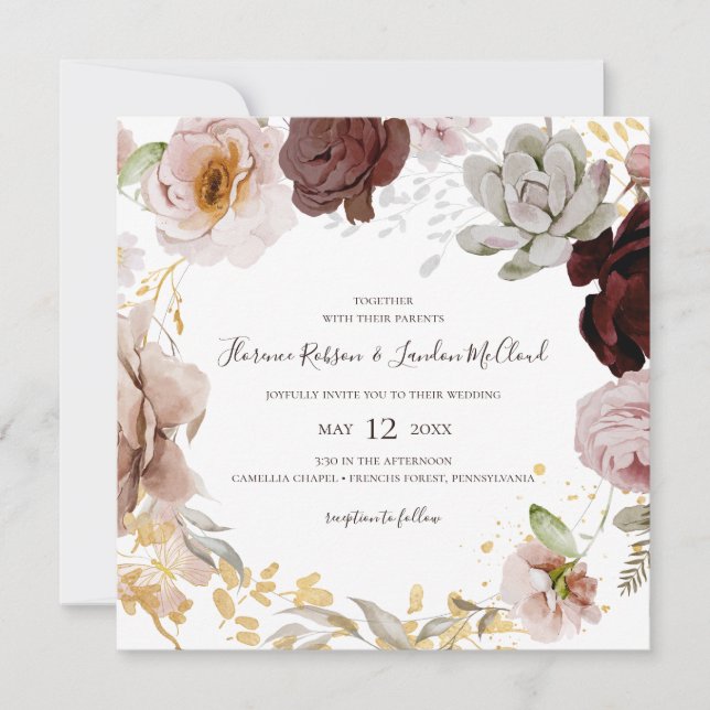 Convite Floral de Blush Moderno | Casamento de Wreath Quad (Frente)