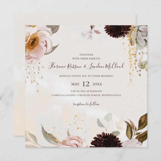 Convite Floral de Blush Moderno | Casamento Quadrado de Aq (Frente/Verso)
