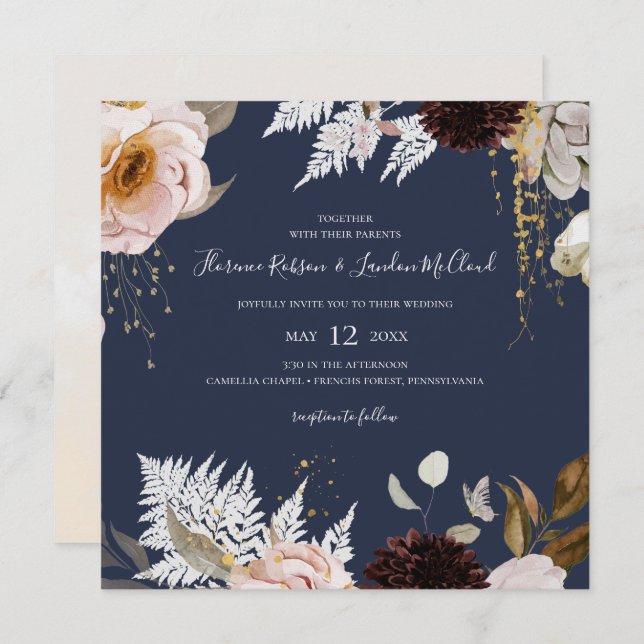Convite Floral de Blush Moderno | Casamento quadrado Marin (Frente/Verso)