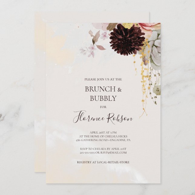 Convite Floral de Blush Moderno | Marble Brunch e Bubble (Frente/Verso)