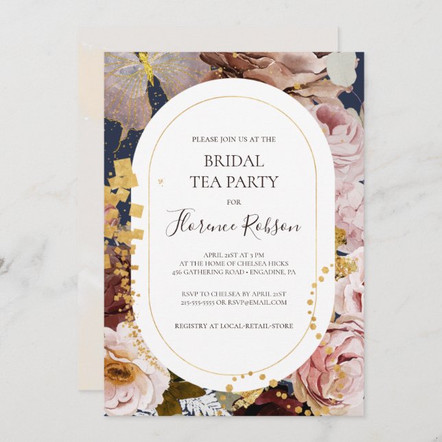 Convite Floral de Blush Moderno | Marinho Bridal Tea Party (Frente/Verso)