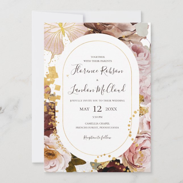 Convite Floral de Blush Moderno | Todos Em Um Casamento (Frente)