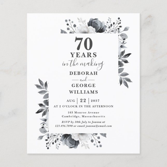Convite Floral de Bodas de 70 Anos Elegante (Frente)