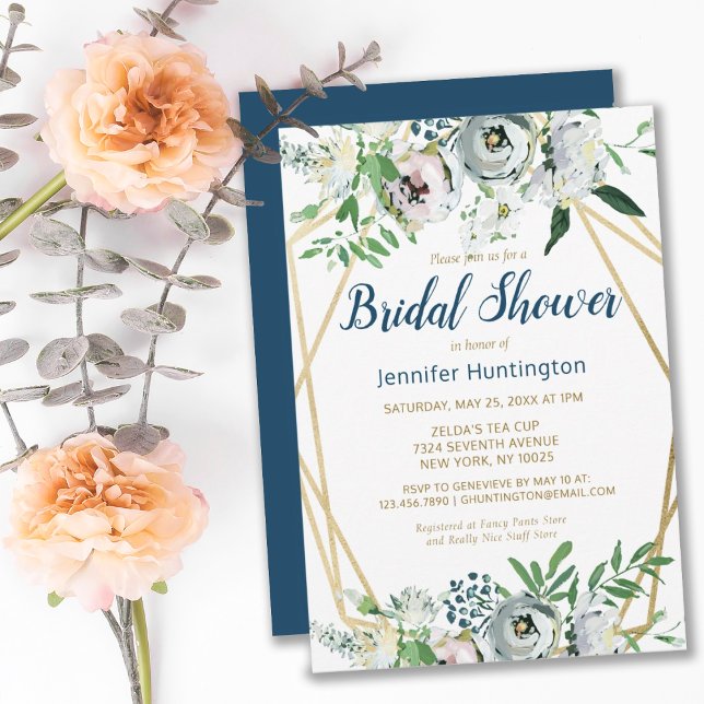 Convite Floral de Boho Azul com Cor da Água (ELEGANT BLUE BOHO WHITE FLORAL BRIDAL SHOWER INVITATION
)