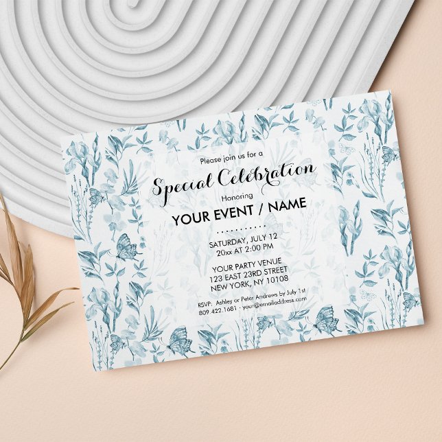 Convite Floral de borboleta azul-pastel elegante (Elegant pastel blue vintage butterfly floral invitation)