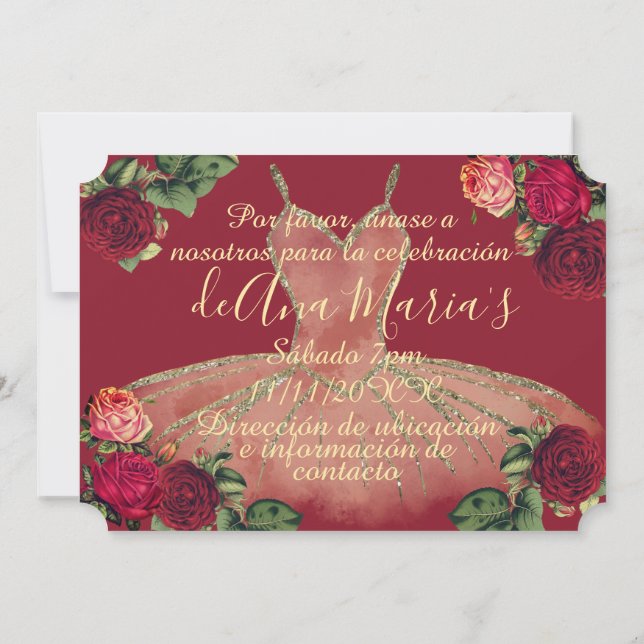 Convite Floral de Borgoña Quinceanera Celebración (Verso)