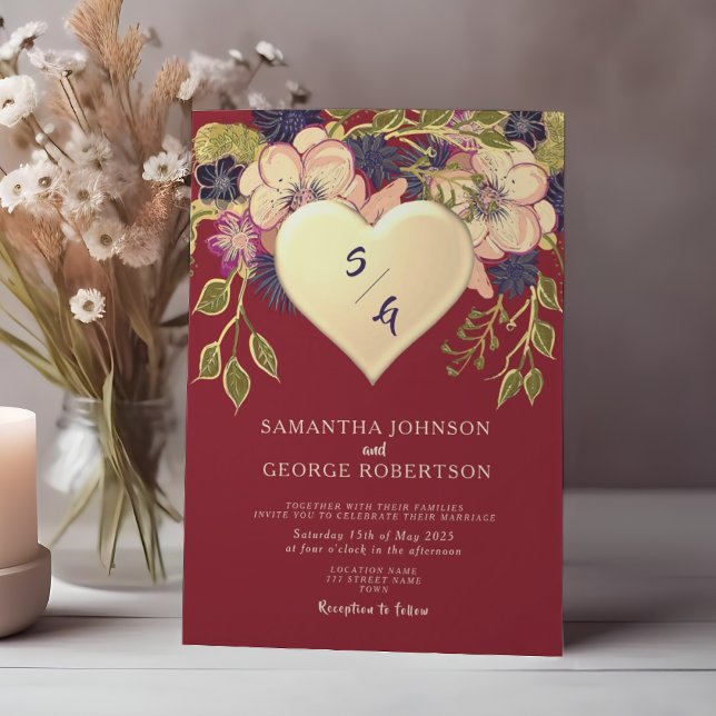 Convite Floral de Borgonha com Coração Dourado (Criador carregado)